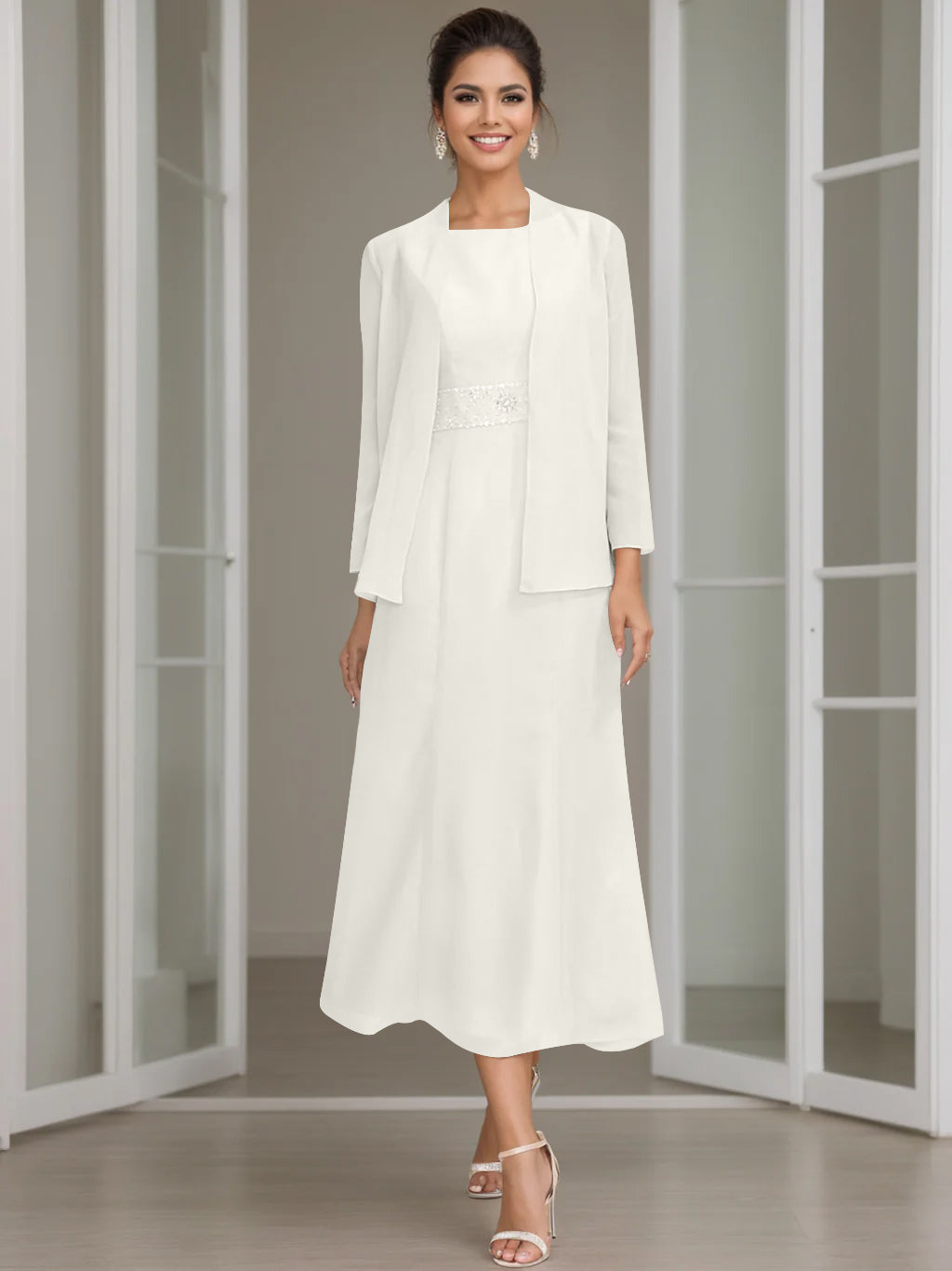 Sheath/Column Jewel Neck Tea Length Mother of the Bride Dresses with Jacket & Beading