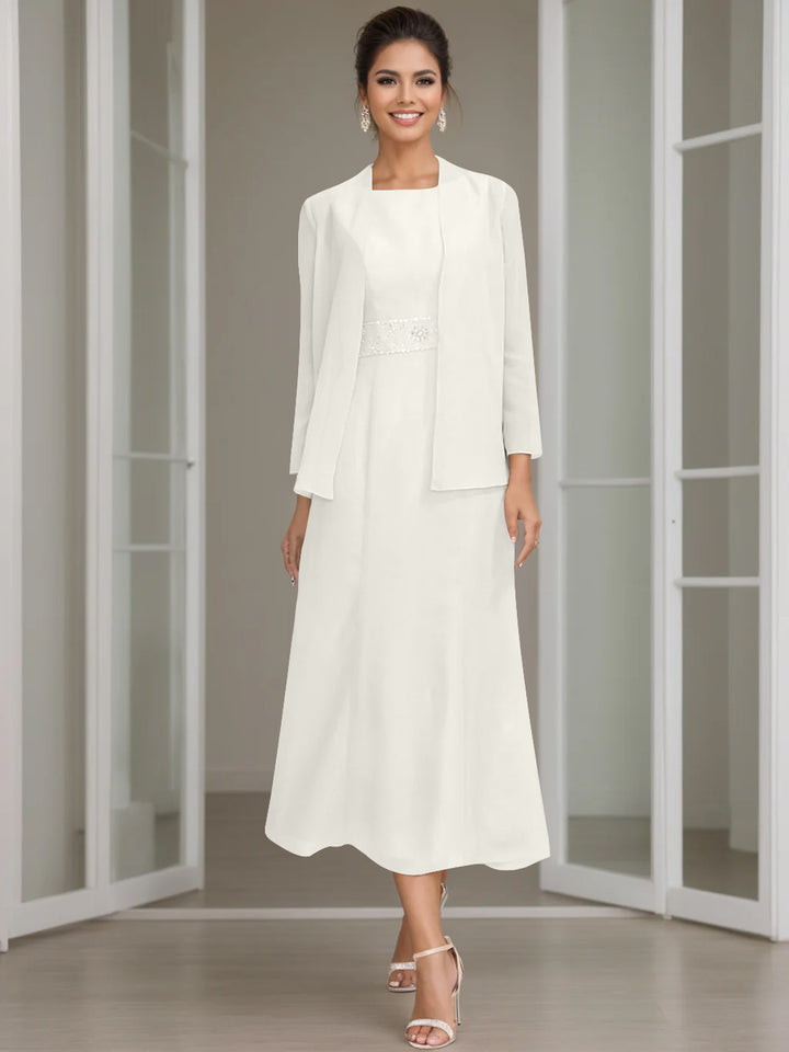 Sheath/Column Jewel Neck Tea Length Mother of the Bride Dresses with Jacket & Beading