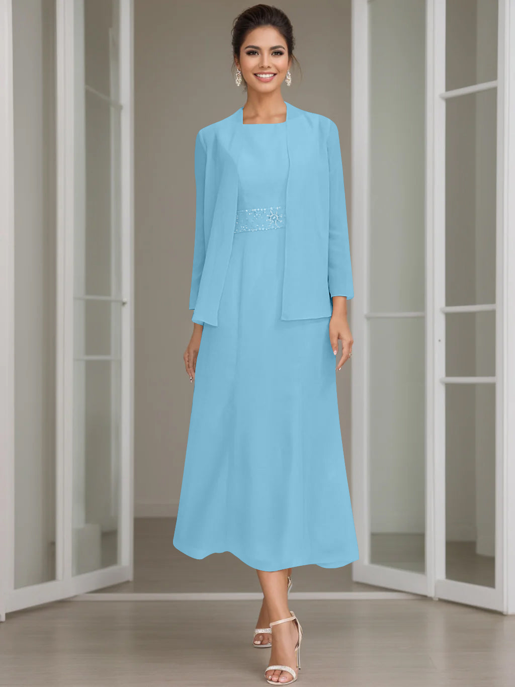 Sheath/Column Jewel Neck Tea Length Mother of the Bride Dresses with Jacket & Beading
