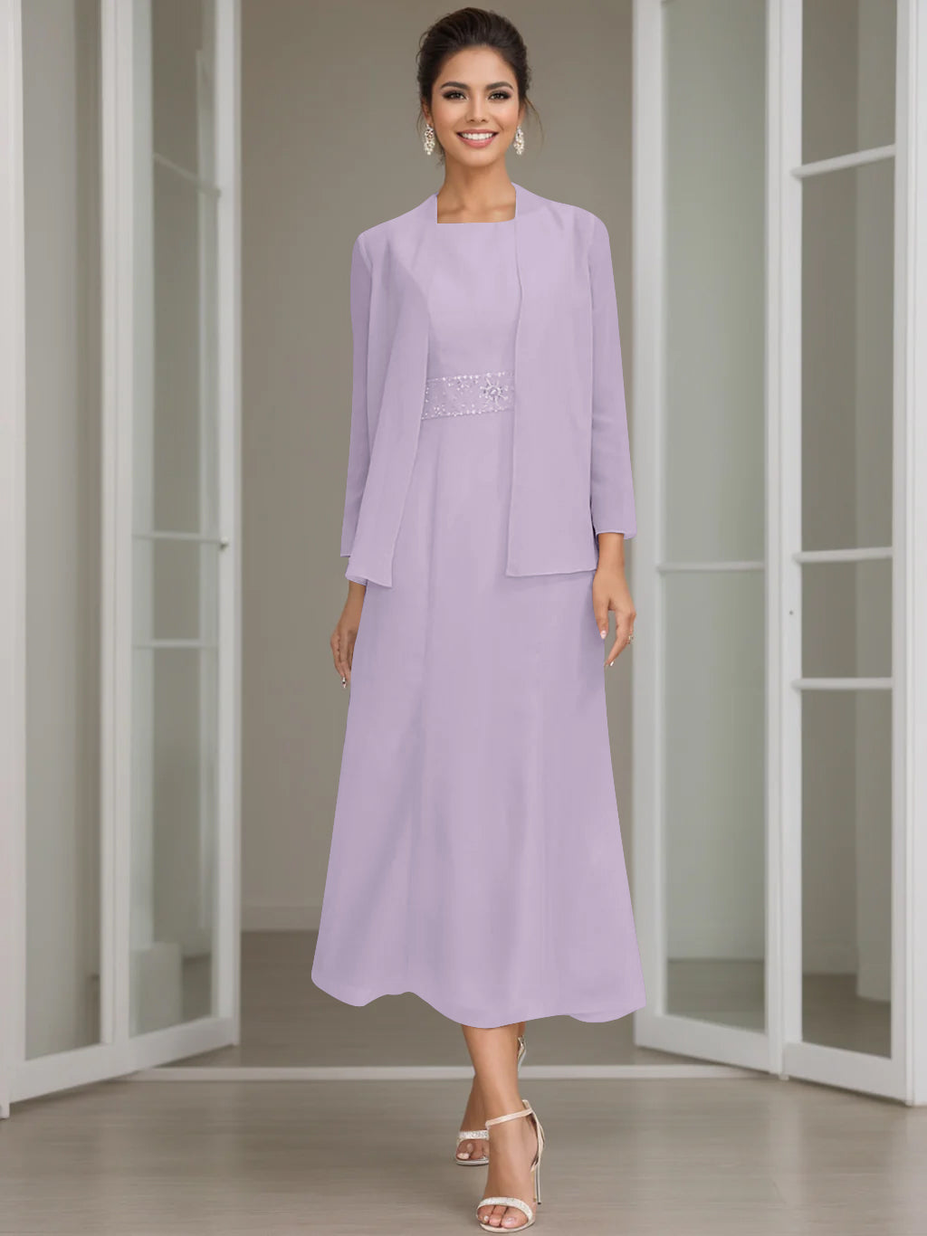 Sheath/Column Jewel Neck Tea Length Mother of the Bride Dresses with Jacket & Beading