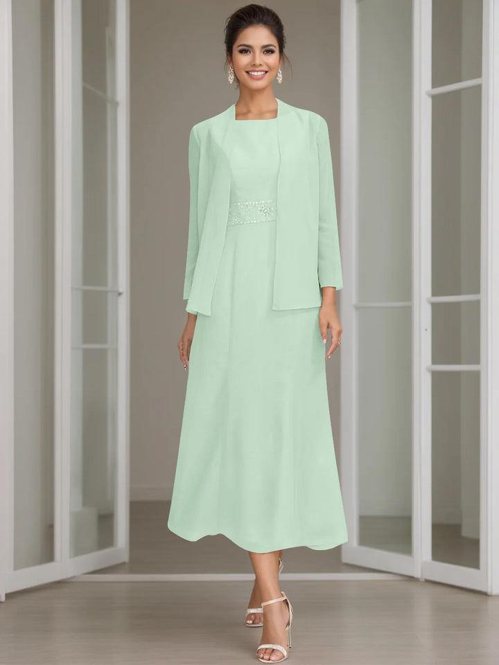 Sheath/Column Jewel Neck Tea Length Mother of the Bride Dresses with Jacket & Beading