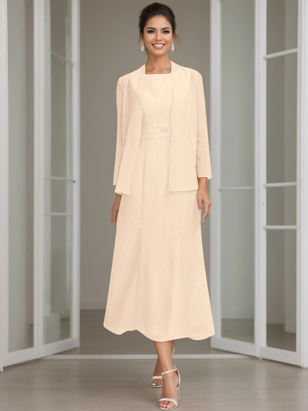 Sheath/Column Jewel Neck Tea Length Mother of the Bride Dresses with Jacket & Beading