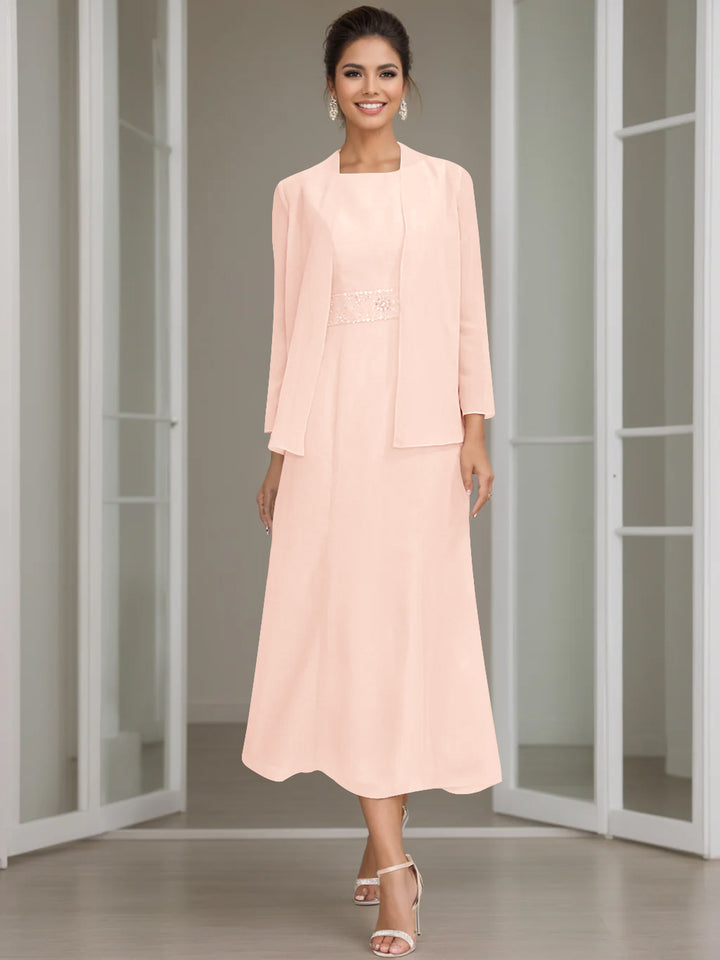 Sheath/Column Jewel Neck Tea Length Mother of the Bride Dresses with Jacket & Beading