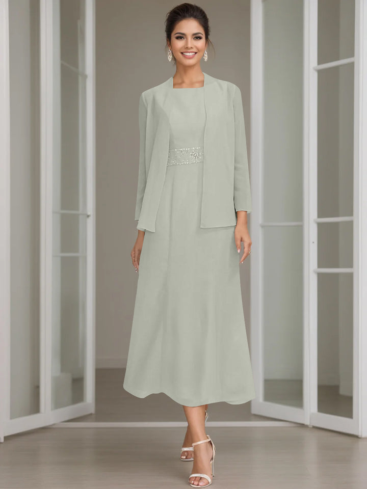 Sheath/Column Jewel Neck Tea Length Mother of the Bride Dresses with Jacket & Beading