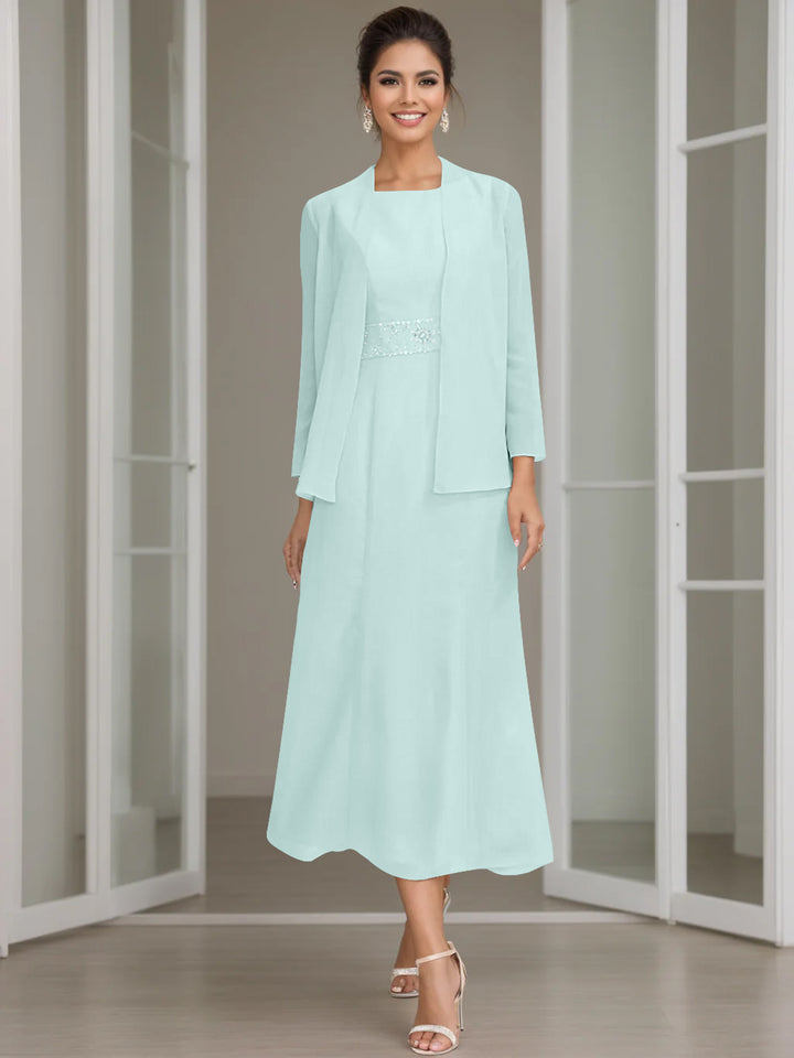 Sheath/Column Jewel Neck Tea Length Mother of the Bride Dresses with Jacket & Beading