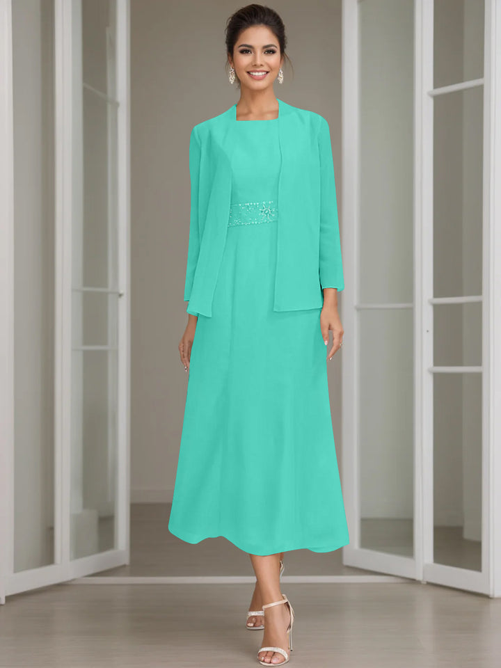 Sheath/Column Jewel Neck Tea Length Mother of the Bride Dresses with Jacket & Beading