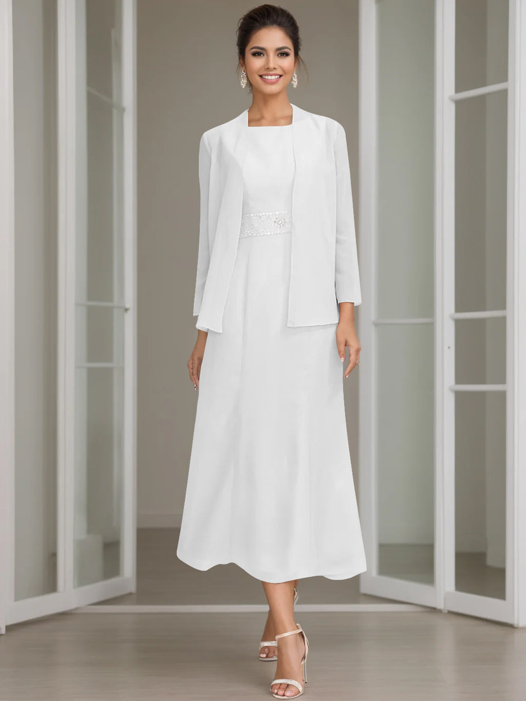 Sheath/Column Jewel Neck Tea Length Mother of the Bride Dresses with Jacket & Beading