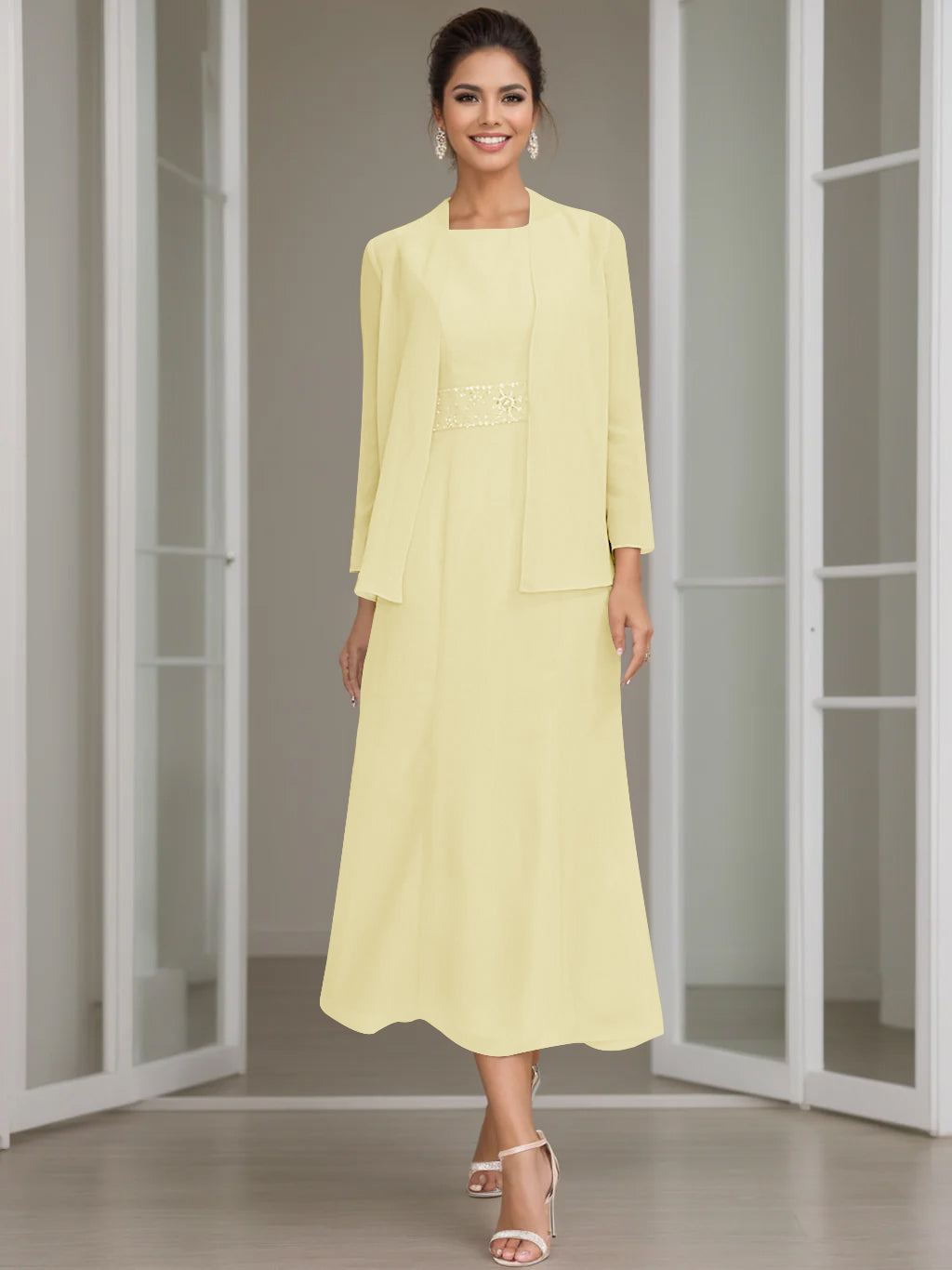 Sheath/Column Jewel Neck Tea Length Mother of the Bride Dresses with Jacket & Beading