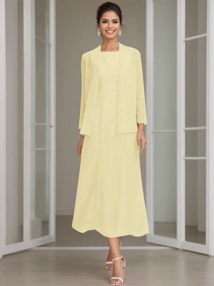 Sheath/Column Jewel Neck Tea Length Mother of the Bride Dresses with Jacket & Beading