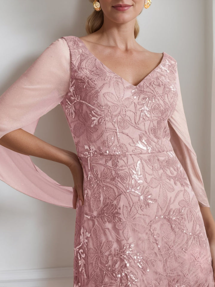A-Line/Princess V-Neck Half Sleeves Ankle-Length Mother of the Bride Dresses with Solid Colour & Lace