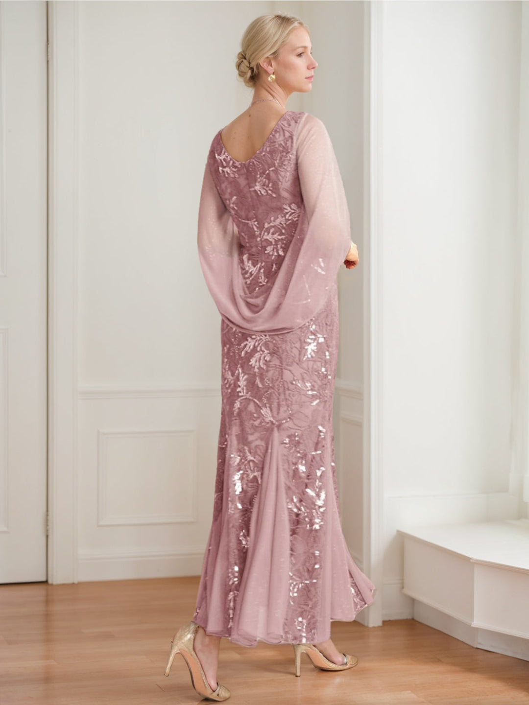 A-Line/Princess V-Neck Half Sleeves Ankle-Length Mother of the Bride Dresses with Solid Colour & Lace