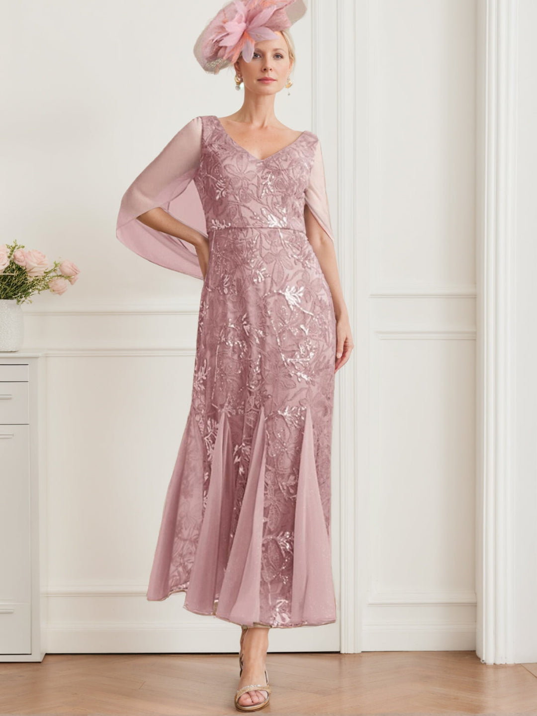 A-Line/Princess V-Neck Half Sleeves Ankle-Length Mother of the Bride Dresses with Solid Colour & Lace