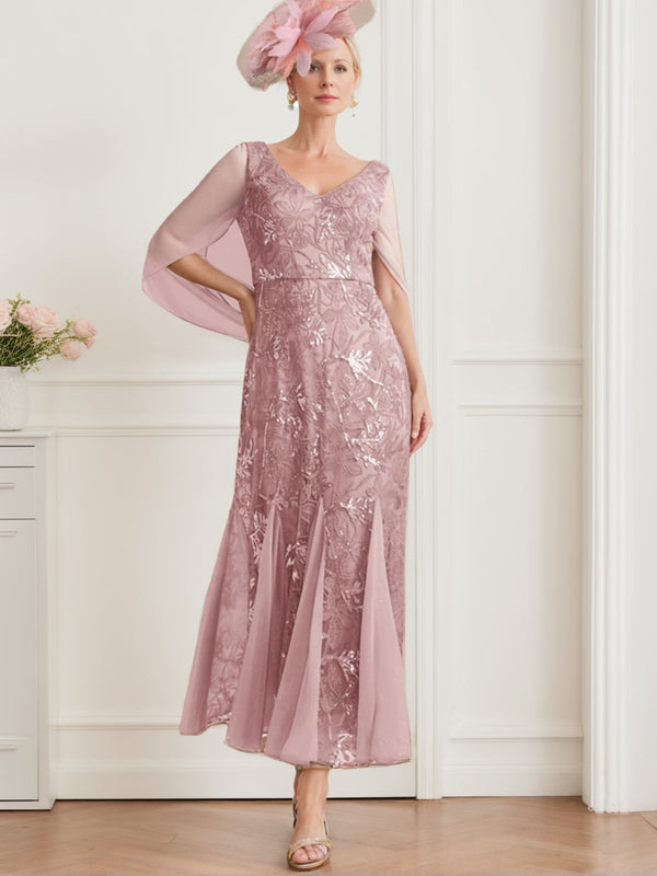 A-Line/Princess V-Neck Half Sleeves Ankle-Length Mother of the Bride Dresses with Solid Colour & Lace