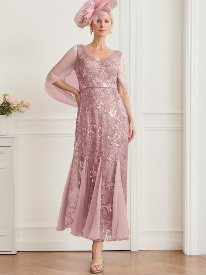 A-Line/Princess V-Neck Half Sleeves Ankle-Length Mother of the Bride Dresses with Solid Colour & Lace