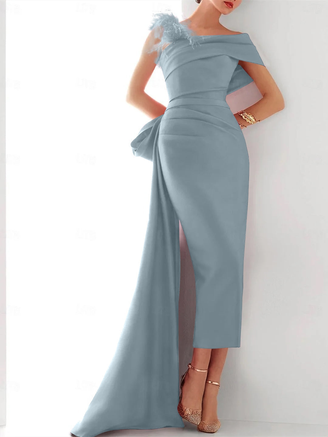 Sheath/Column Off-the-Shoulder Short Sleeves Ankle-Length Mother of the Bride Dresses with Watteau Train