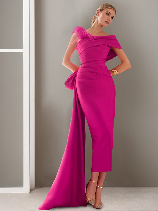 Sheath/Column Off-the-Shoulder Short Sleeves Ankle-Length Mother of the Bride Dresses with Watteau Train