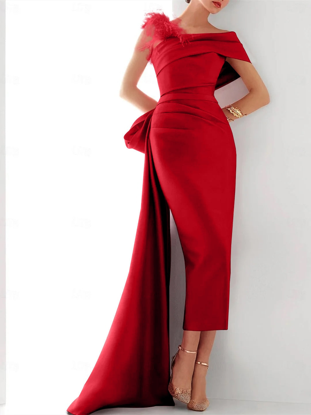 Sheath/Column Off-the-Shoulder Short Sleeves Ankle-Length Mother of the Bride Dresses with Watteau Train