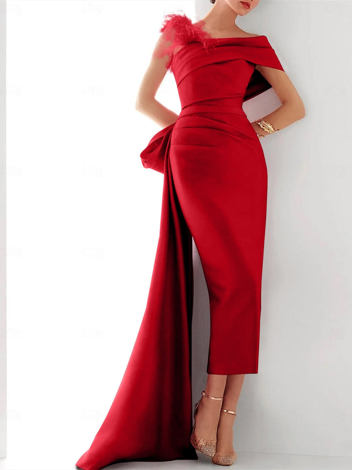 Sheath/Column Off-the-Shoulder Short Sleeves Ankle-Length Mother of the Bride Dresses with Watteau Train