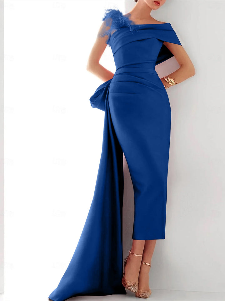 Sheath/Column Off-the-Shoulder Short Sleeves Ankle-Length Mother of the Bride Dresses with Watteau Train