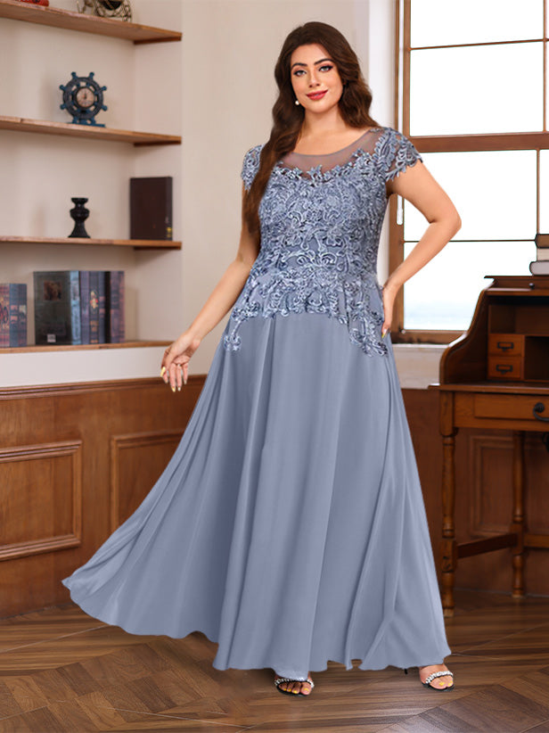 A-Line/Princess Scoop Neck Short Sleeves Floor-Length Plus Size Mother of the Bride Dresses with Appliques