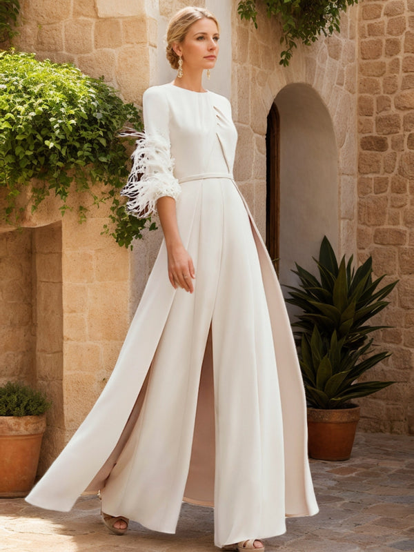 ivory pantsuits with feathers for wedding 