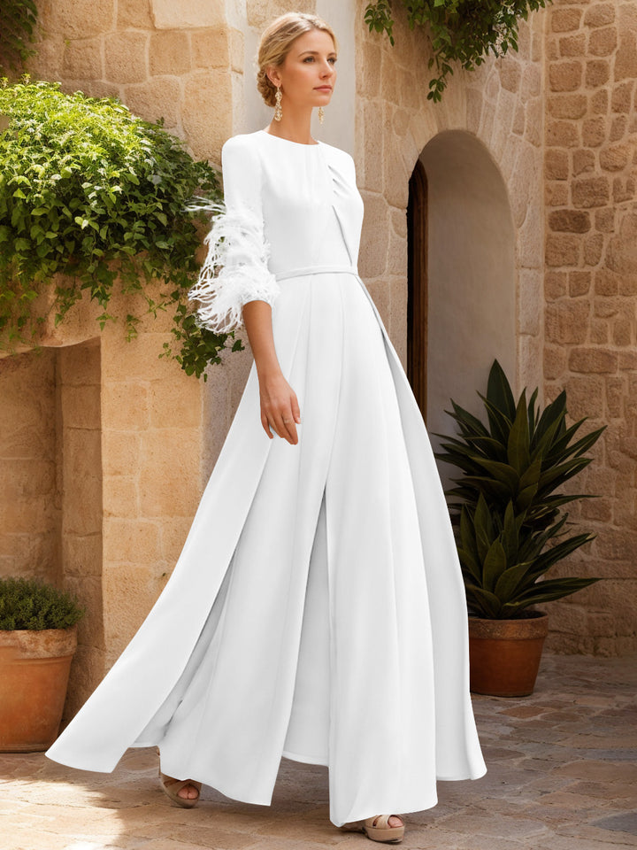 Jewel Neck Half Sleeves Ankle-Length Mother Of The Bride Jumpsuits With Feathers