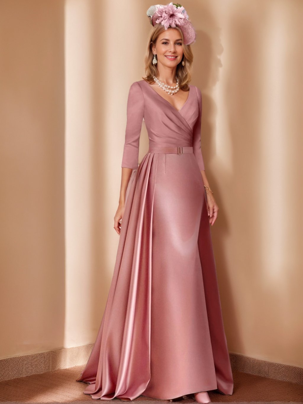 A Line/Princess V-Neck 3/4 LengthSleeves Floor-Length Mother of the Bride Dresses withPleats, Ruching & Ruched