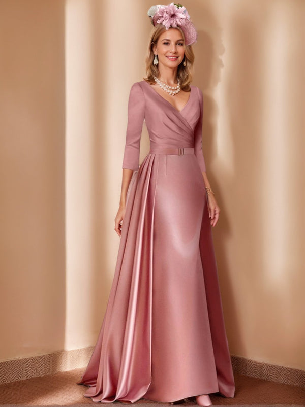 A Line/Princess V-Neck 3/4 LengthSleeves Floor-Length Mother of the Bride Dresses withPleats, Ruching & Ruched