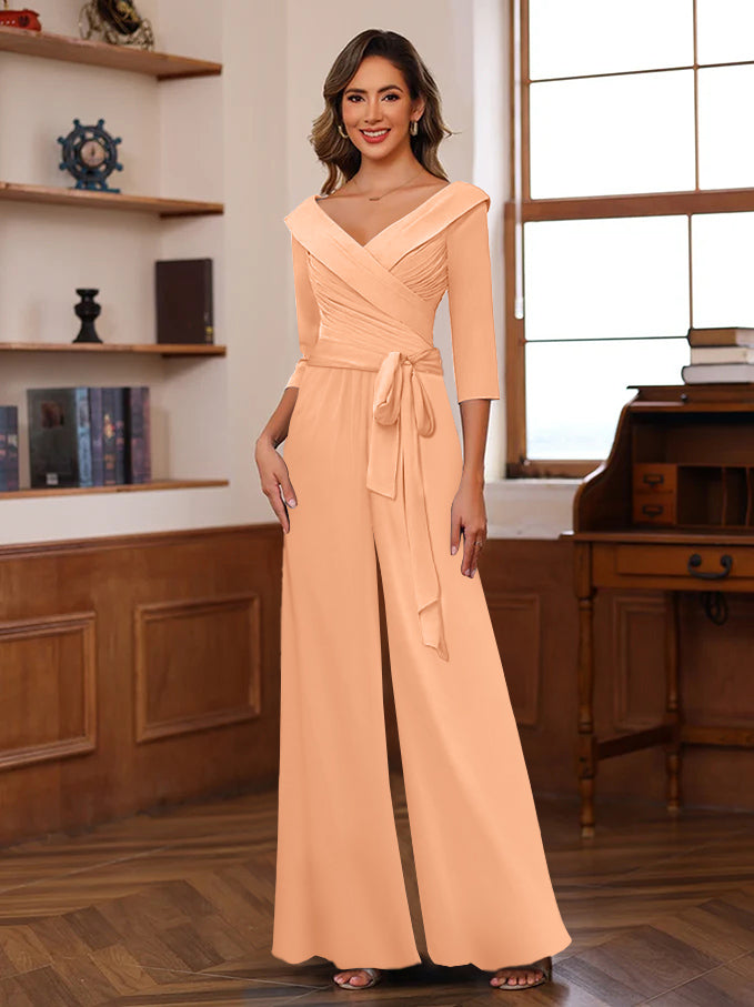 Ruched Chiffon V-Neck 3/4 Sleeves Mother of the Jumpsuit