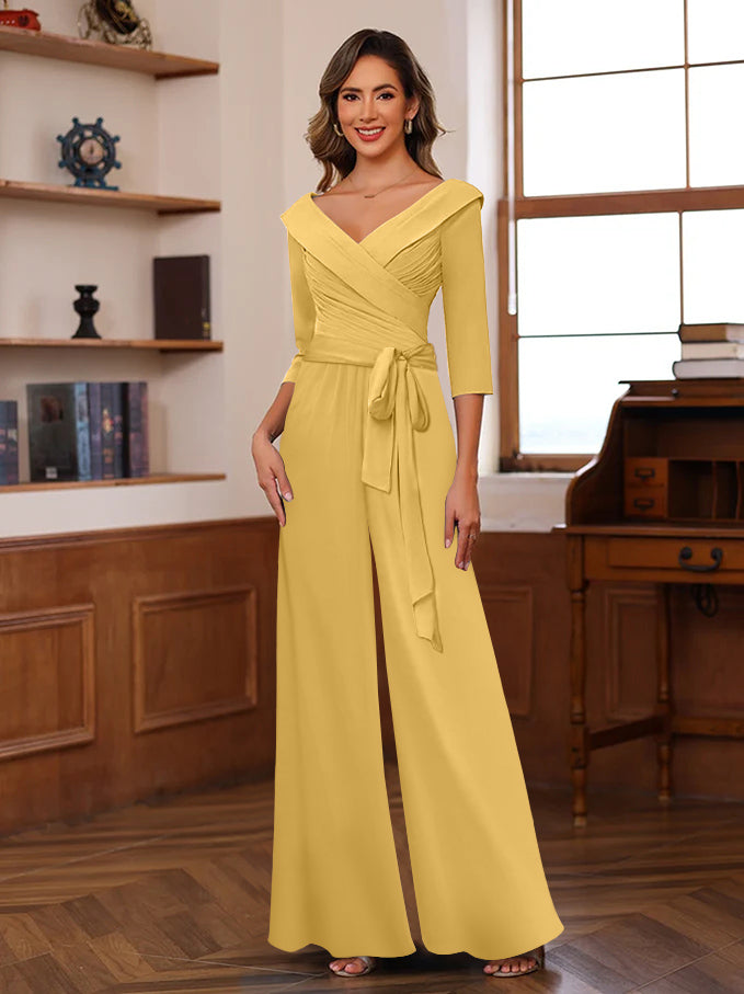 Ruched Chiffon V-Neck 3/4 Sleeves Mother of the Jumpsuit