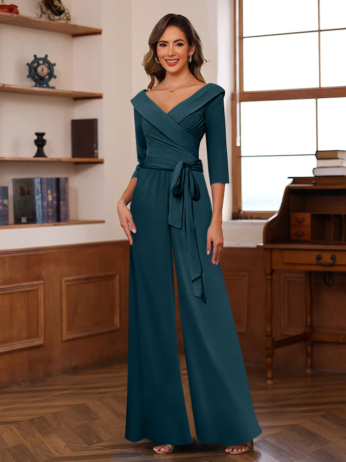 Ruched Chiffon V-Neck 3/4 Sleeves Mother of the Jumpsuit
