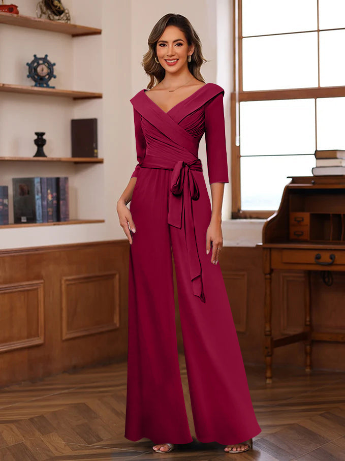 Ruched Chiffon V-Neck 3/4 Sleeves Mother of the Jumpsuit
