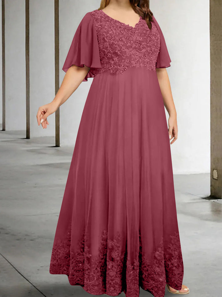 A-Line/Princess V-Neck Half Sleeves Floor-Length Plus Size Mother of the Bride Dresses with Appliques