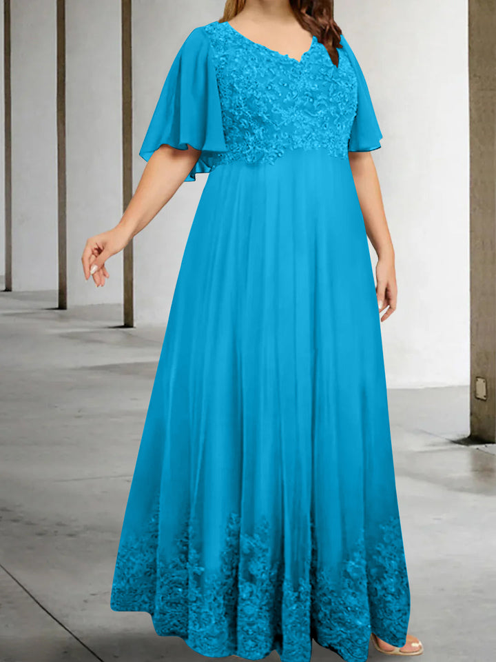 A-Line/Princess V-Neck Half Sleeves Floor-Length Plus Size Mother of the Bride Dresses with Appliques