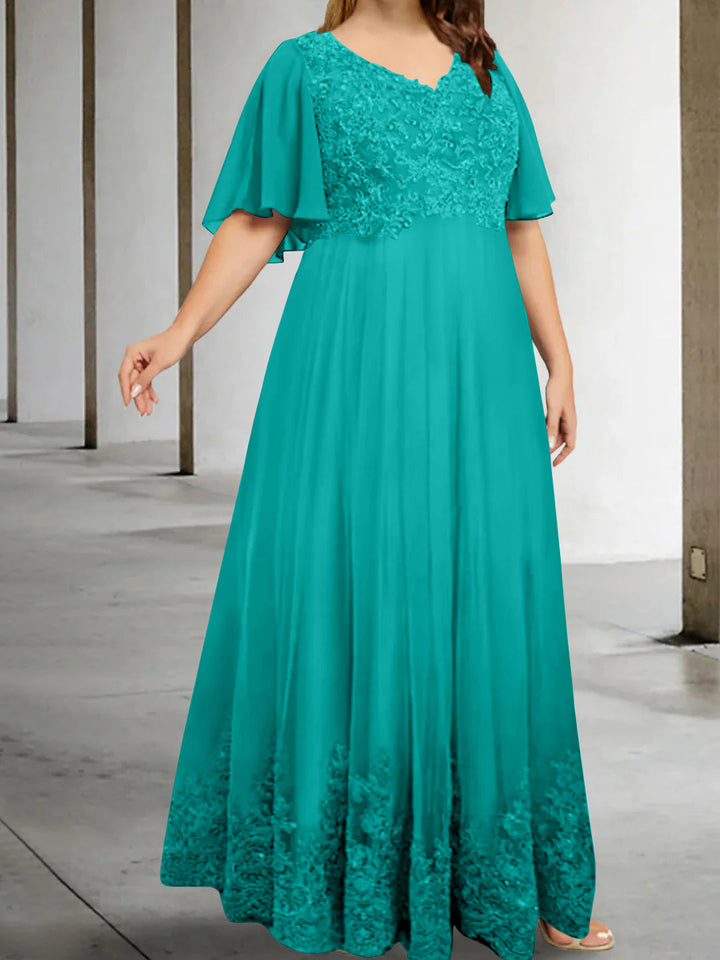 A-Line/Princess V-Neck Half Sleeves Floor-Length Plus Size Mother of the Bride Dresses with Appliques