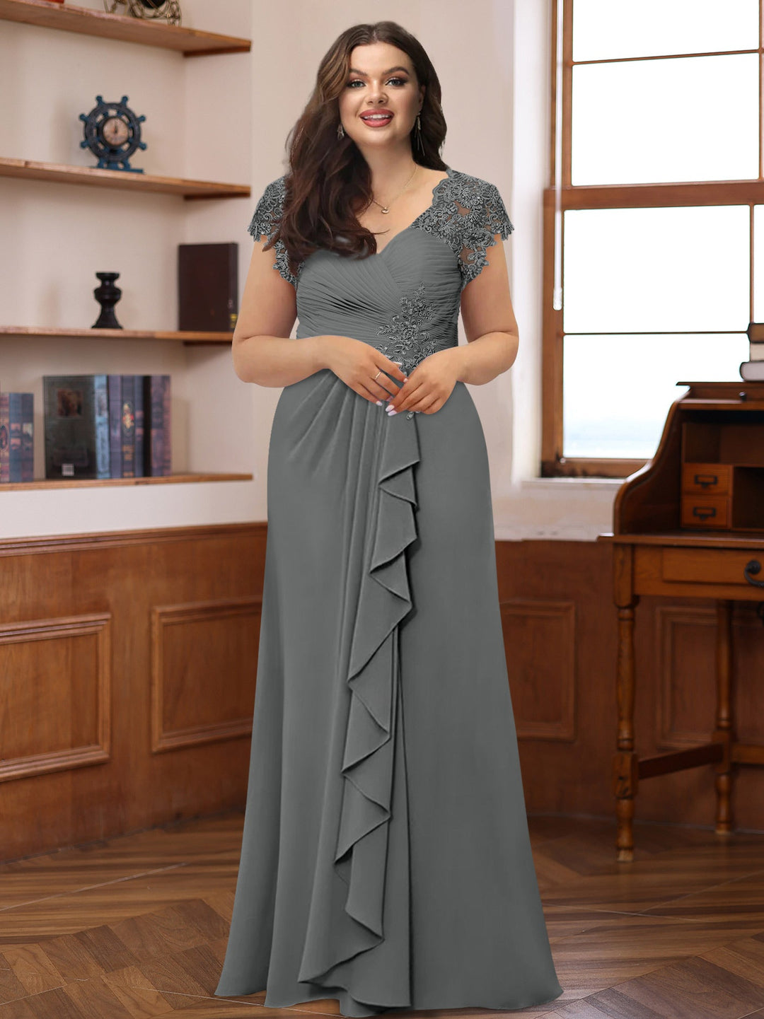 A-Line/Princess V-Neck Short Sleeves Pleated Plus Size Mother of the Bride & Groom Dresses with Ruffles & Appliques