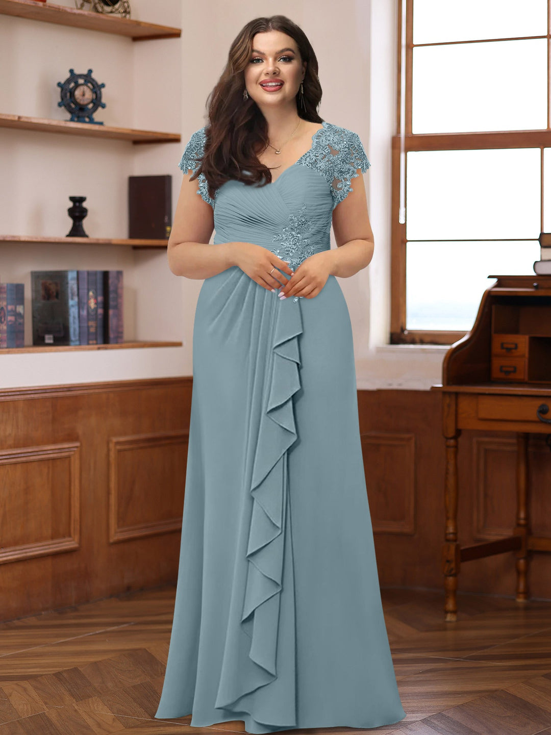 A-Line/Princess V-Neck Short Sleeves Pleated Plus Size Mother of the Bride & Groom Dresses with Ruffles & Appliques
