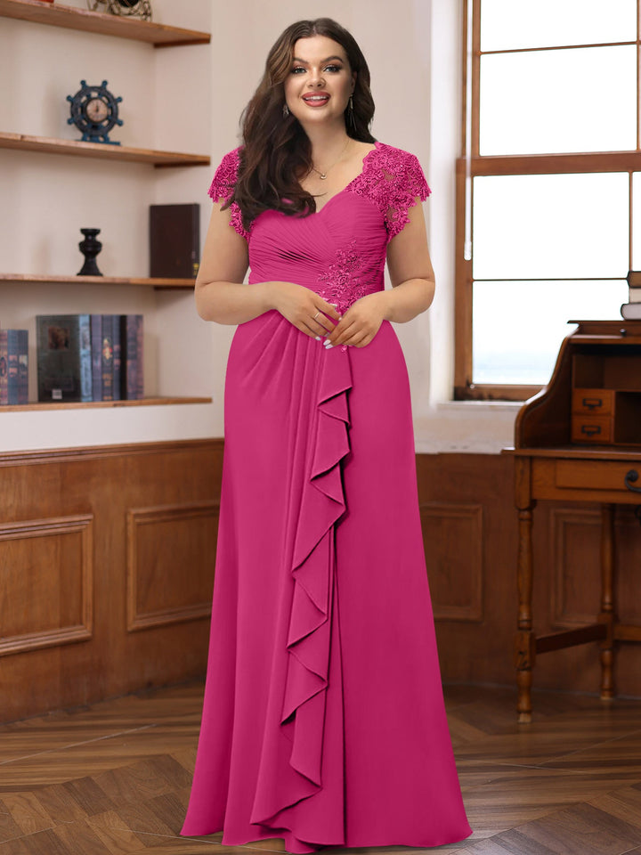 A-Line/Princess V-Neck Short Sleeves Pleated Plus Size Mother of the Bride & Groom Dresses with Ruffles & Appliques