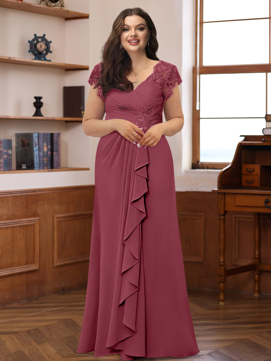 A-Line/Princess V-Neck Short Sleeves Pleated Plus Size Mother of the Bride & Groom Dresses with Ruffles & Appliques