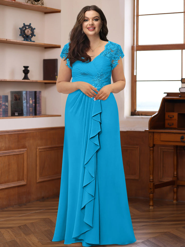 A-Line/Princess V-Neck Short Sleeves Pleated Plus Size Mother of the Bride & Groom Dresses with Ruffles & Appliques