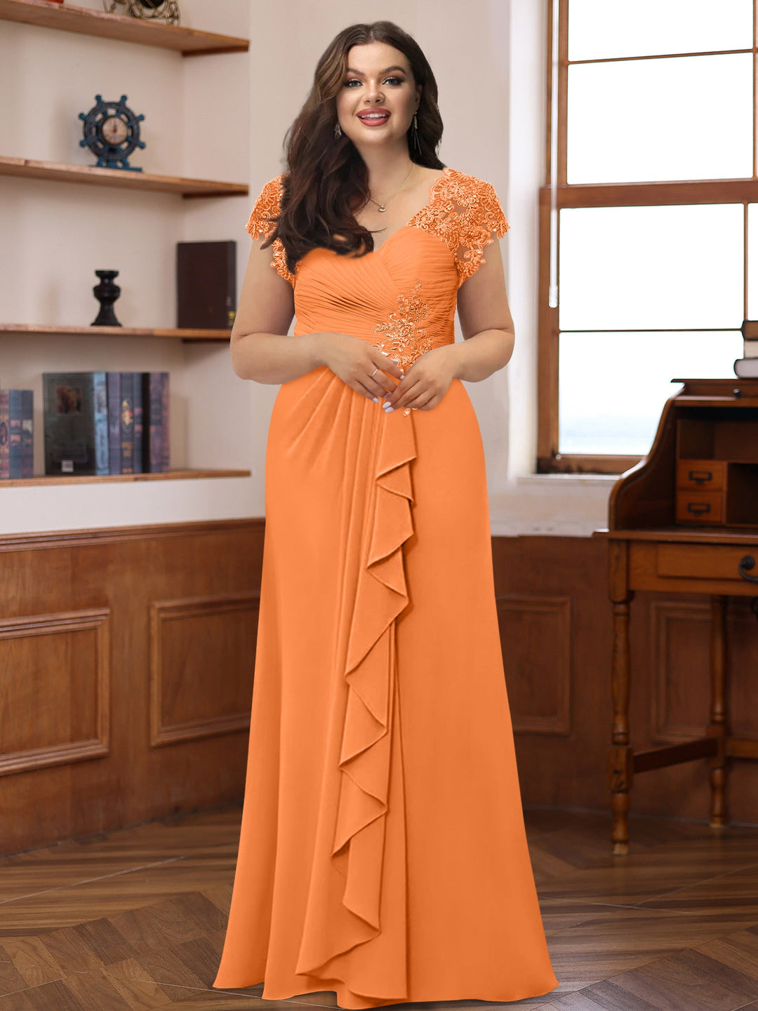A-Line/Princess V-Neck Short Sleeves Pleated Plus Size Mother of the Bride & Groom Dresses with Ruffles & Appliques