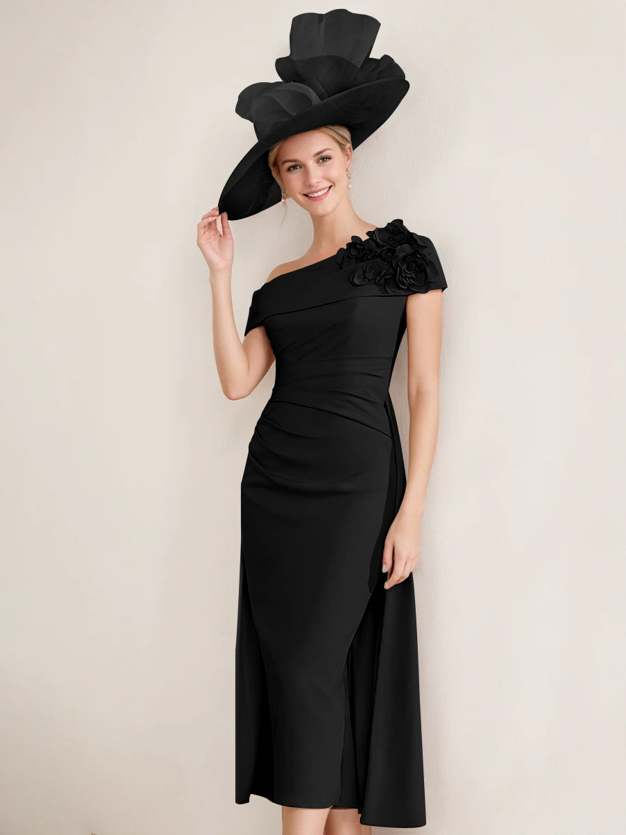 Sheath/Column Off-the-Shoulder Pleated Tea-Length Mother of the Bride Dresses with 3D Flower