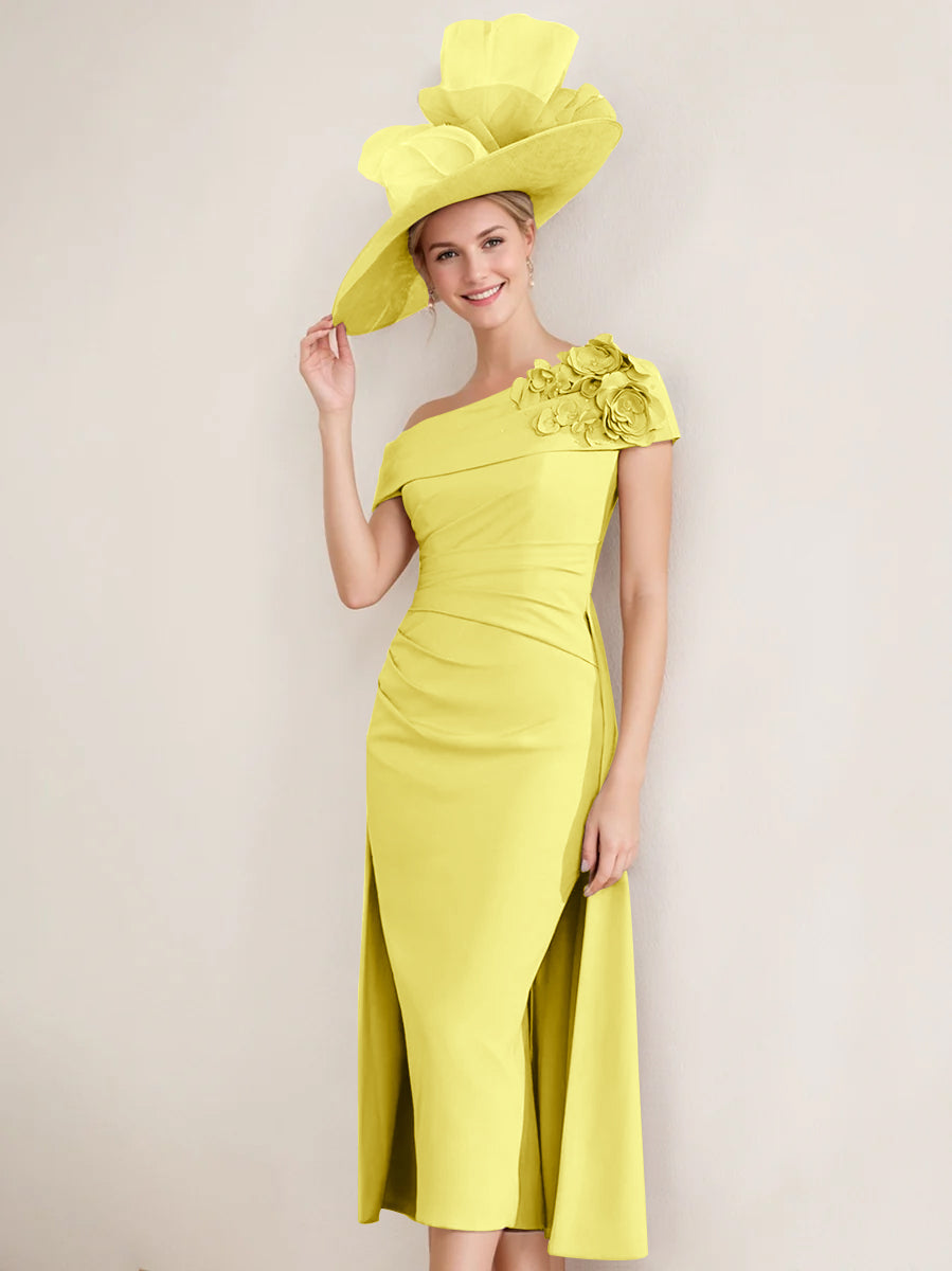 Sheath/Column Off-the-Shoulder Pleated Tea-Length Mother of the Bride Dresses with 3D Flower