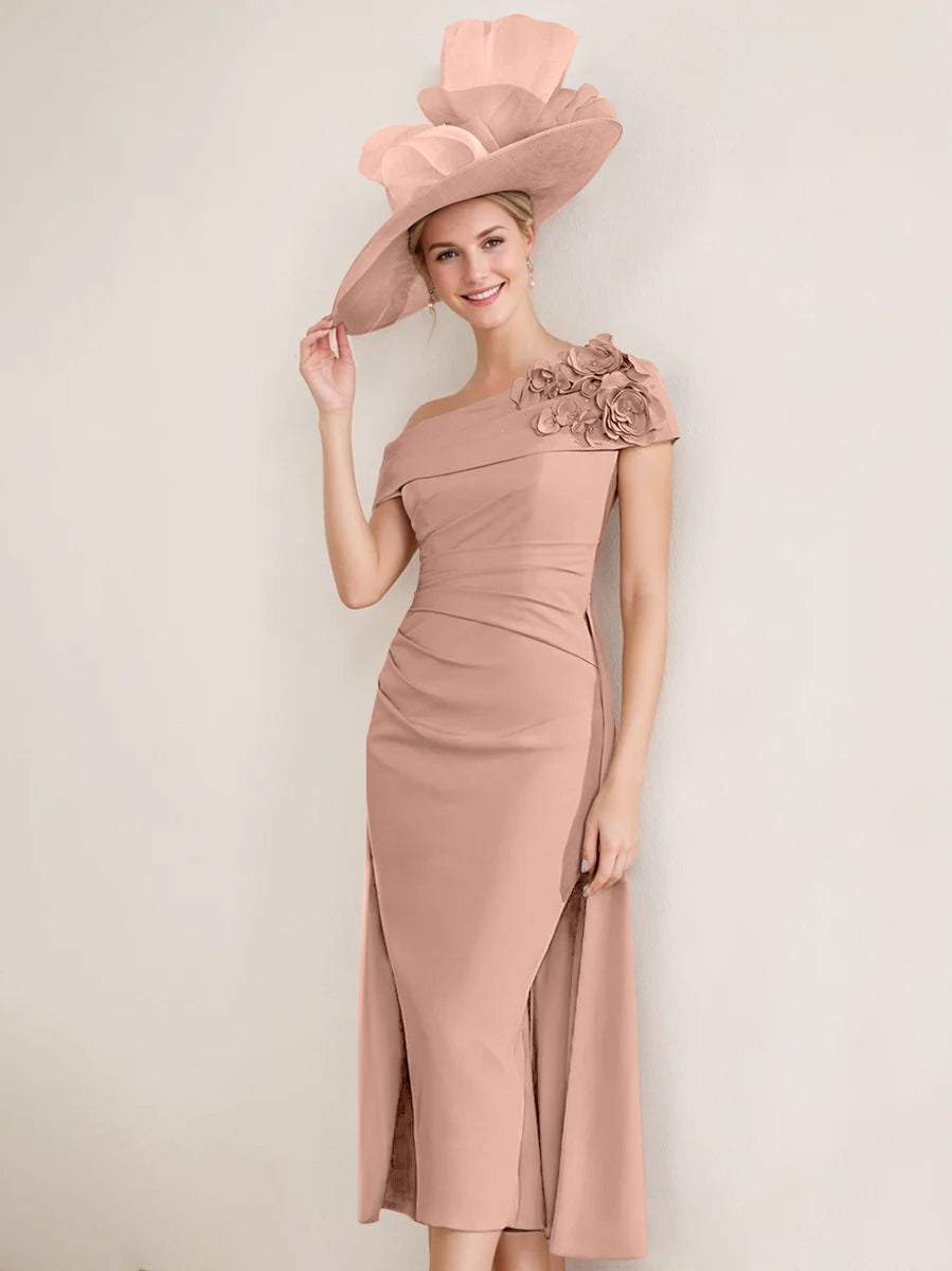 Sheath/Column Off-the-Shoulder Pleated Tea-Length Mother of the Bride Dresses with 3D Flower