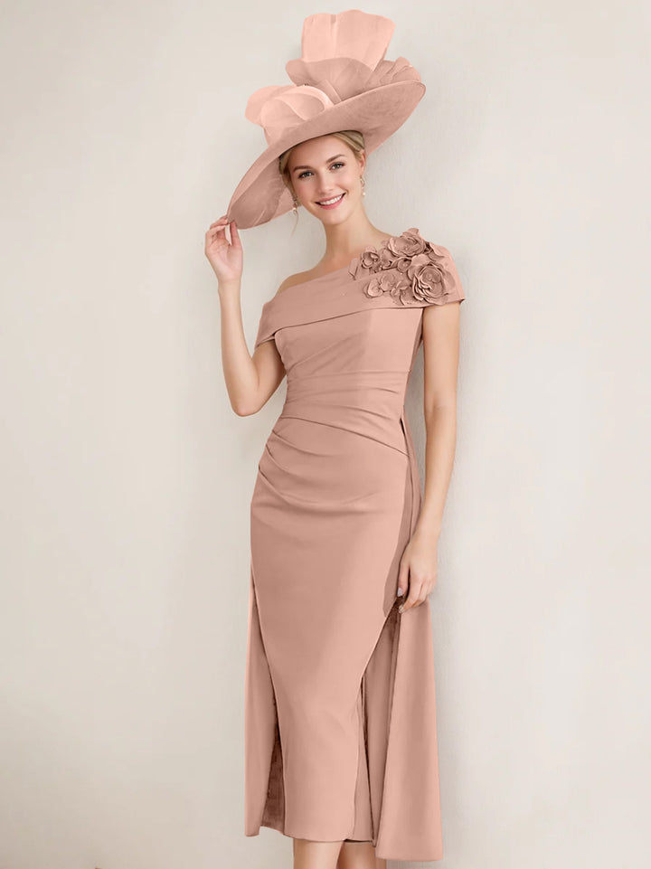 Sheath/Column Off-the-Shoulder Pleated Tea-Length Mother of the Bride Dresses with 3D Flower