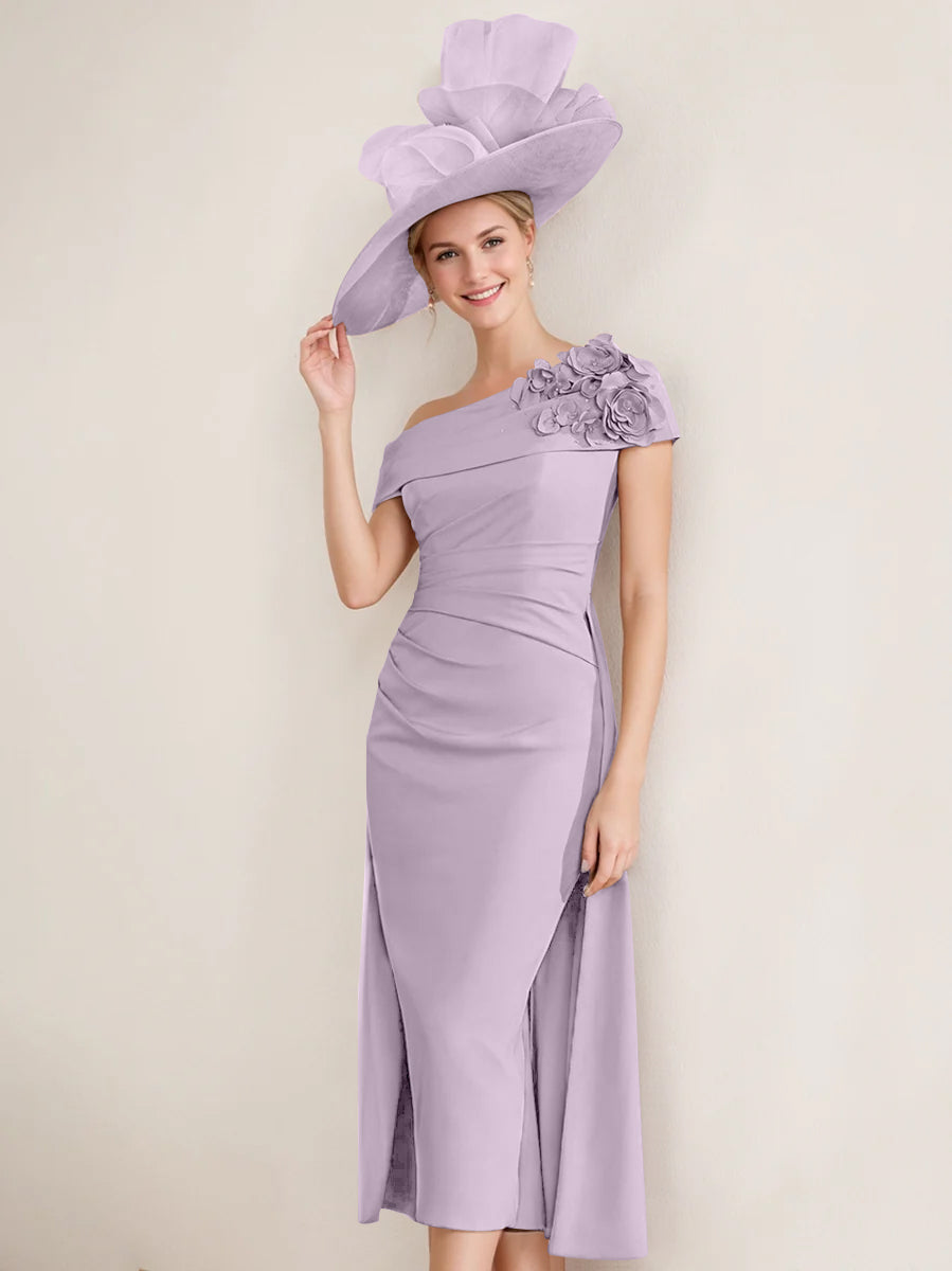 Sheath/Column Off-the-Shoulder Pleated Tea-Length Mother of the Bride Dresses with 3D Flower