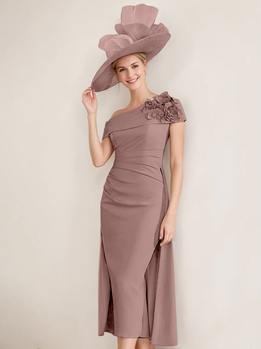Sheath/Column Off-the-Shoulder Pleated Tea-Length Mother of the Bride Dresses with 3D Flower