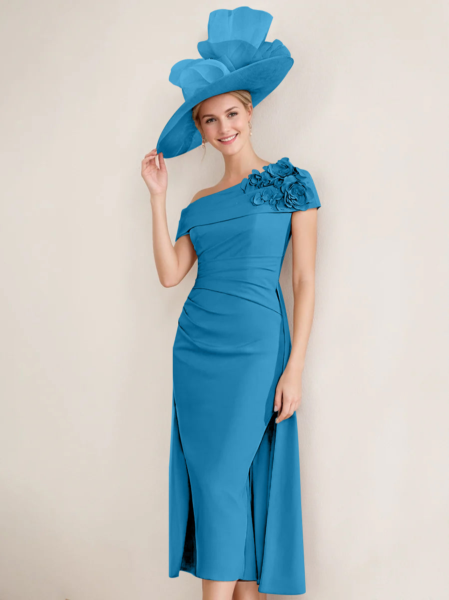 Sheath/Column Off-the-Shoulder Pleated Tea-Length Mother of the Bride Dresses with 3D Flower