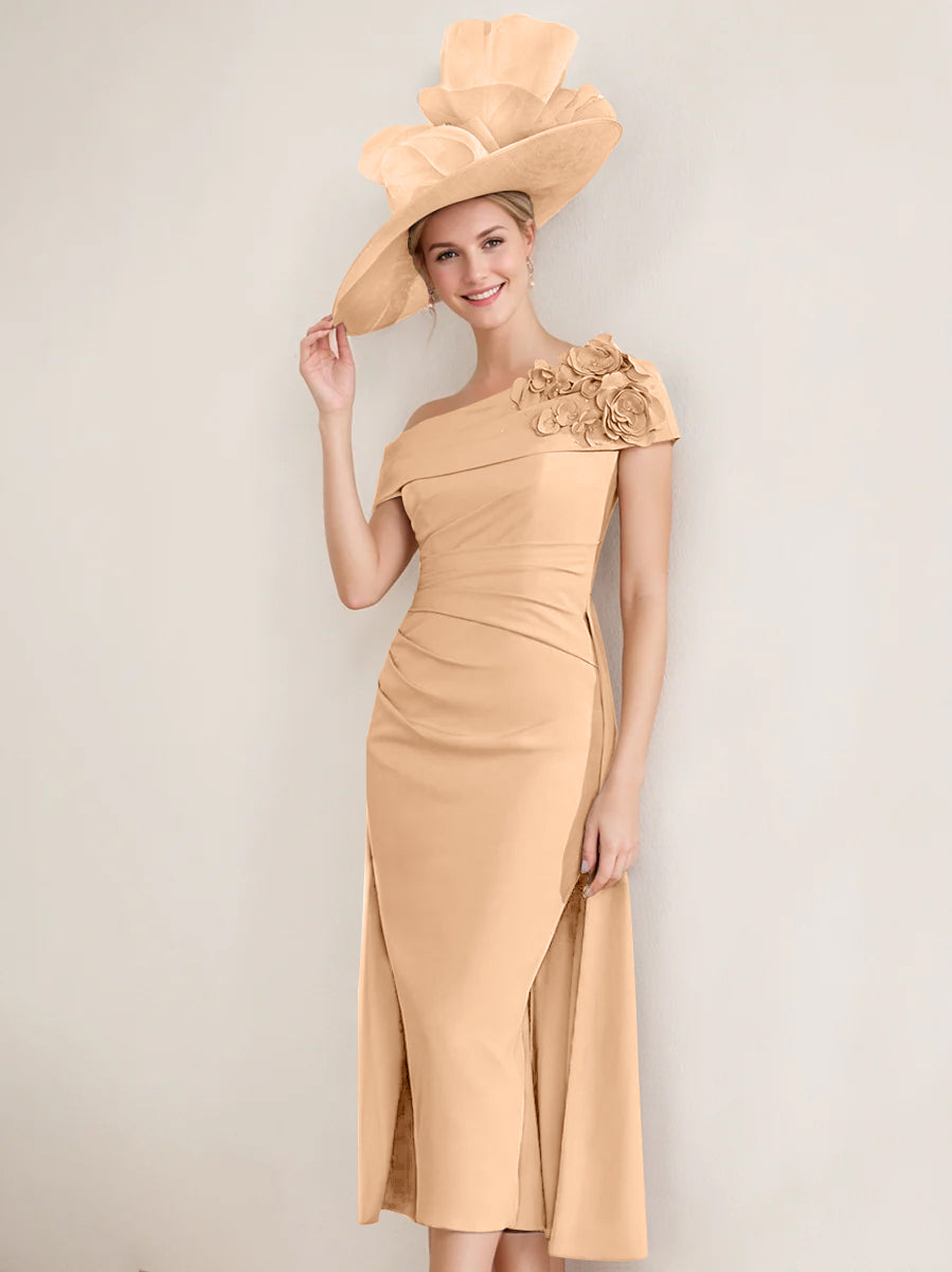 Sheath/Column Off-the-Shoulder Pleated Tea-Length Mother of the Bride Dresses with 3D Flower