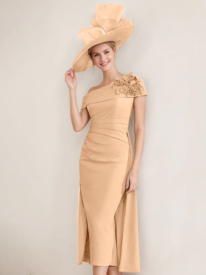Sheath/Column Off-the-Shoulder Pleated Tea-Length Mother of the Bride Dresses with 3D Flower